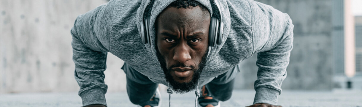Focused Push-up: A determined man, clad in a grey hoodie and headphones, performs a push-up outdoors, his gaze fixed forward with intense concentration.