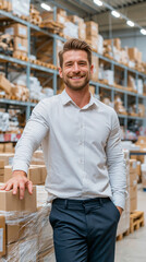 Obraz premium Confident Warehouse Manager: A smiling man in a collared shirt and dark pants poses confidently in a warehouse aisle, surrounded by neatly stacked boxes on pallets and shelves.