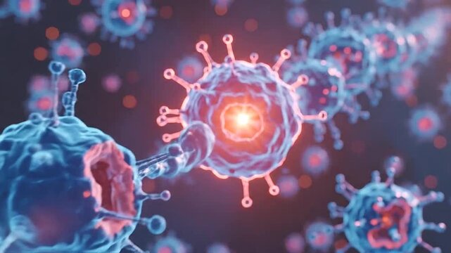 Microscopic illustration of blue virus pathogens with glowing cores