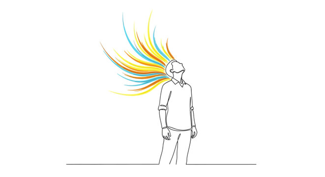 Man with colorful creative ideas exploding from head, drawing concept
