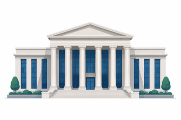 Fototapeta premium Clean flat vector illustration of a modern courthouse building with classical columns, representing law, justice, government institutions, legal services, and civic authority.