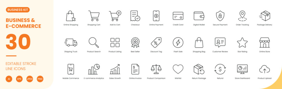 e commerce online business icon line style shopping editable stroke vector set