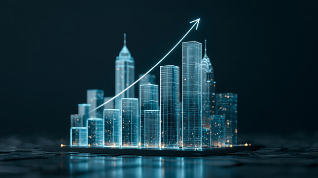 Cityscape Growth Chart: A futuristic digital illustration depicts a city skyline composed of illuminated glass buildings, with an upward trending arrow representing economic growth and progress.