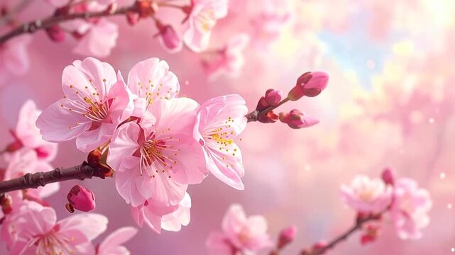 Delicate pink cherry blossoms bloom on a branch in soft spring light