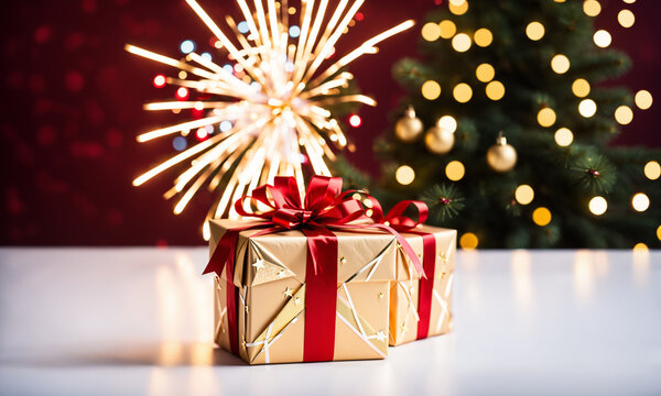 gold and red wrapped gifts with starburst light effect