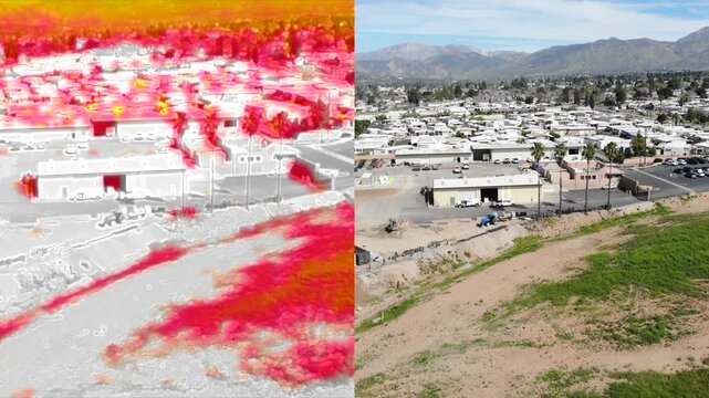 An Infra Red Drone taking images for Training on identifying subjects or terrain using the latent heat images looking at utility yard buildings to understand latent radiated heat from vehicles