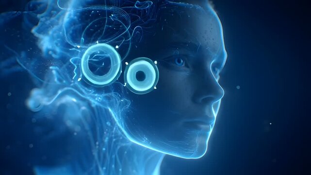 Glowing digital brain scan and neural interface on a female profile