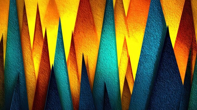 Dynamic arrangement of overlapping, textured triangular shapes creates a vibrant, abstract background.