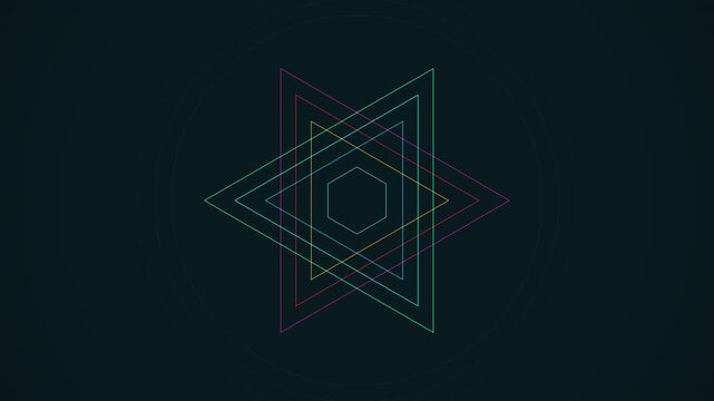 Hypnotic seamless loop of a glowing blue merkaba sacred-geometry pattern breathing in radial symmetry drifting in hypnotic slow motion. Ideal for healing, meditation background. 4K UHD.
