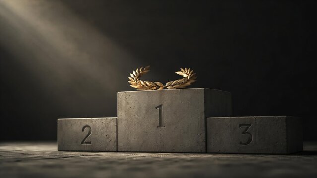 laurel. Empty championship podium with a laurel wreath on the highest step, side lighting. event key visuals, club posters, designed for sports event promotions and stadium branding.