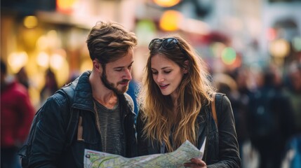 Obraz premium Vacation travel trip journey in holiday season. A man and woman intently looking at a map in the city. The man wears a jacket and the woman wears a bag. The background is slightly blurred.
