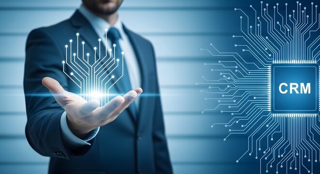 Crm technology concept man holding digital customer relationship management network