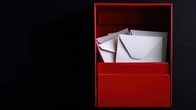 Extreme close-up of an open red letter box with white envelopes inside, isolated on a black background with copy space, blank wide banner, template.