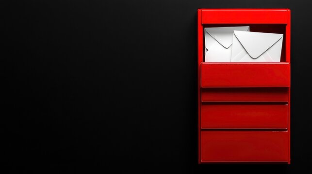 Extreme close-up of an open red letter box with white envelopes inside, isolated on a black background with copy space, blank wide banner, template.