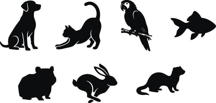 Domestic pets black silhouette icons set featuring dog cat parrot goldfish rabbit hamster and ferret