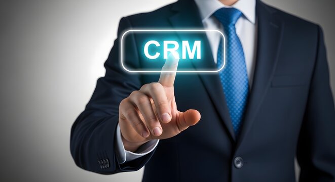 Crm software concept business professional touching digital customer relationship management interface