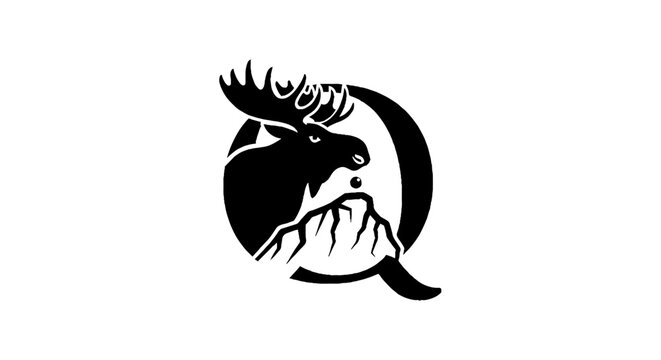 Moose head silhouette with mountain and letter Q design.