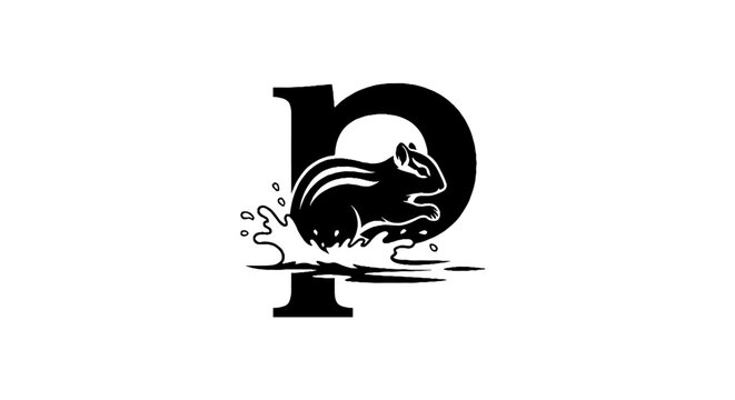 Black and white squirrel and letter p illustration.