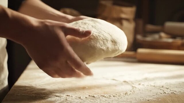 Close-up of a bakers hands kneading dough on a wooden table, preparing bread in a rustic kitchen setting.
