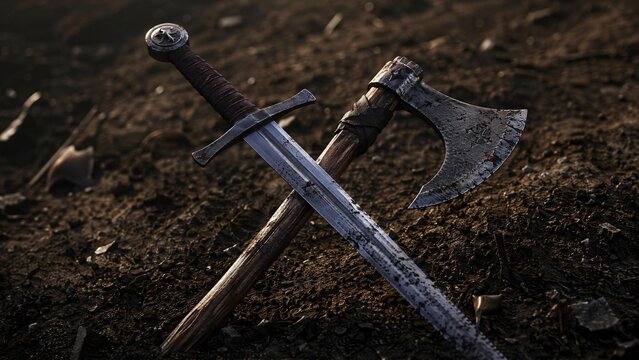 speciation. Medieval sword and axe crossed on a ground, dirt and minimal debris, dramatic side lighting. event programs, museum guides, designed for cultural heritage projects and event programs.