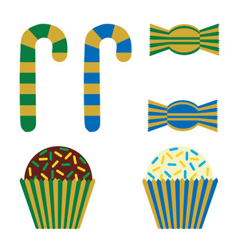 Brigadeiro candy, a type of sweet, and a candy cane in green, yellow, and blue. Isolated on a transparent background.