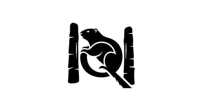 Black and white squirrel illustration between bamboo stalks.