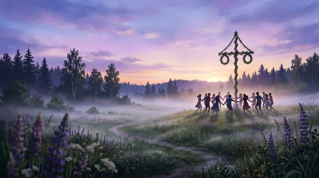 People dancing hand in hand around a traditional midsummer pole at sunset, Swedish Midsommar celebration in a misty field