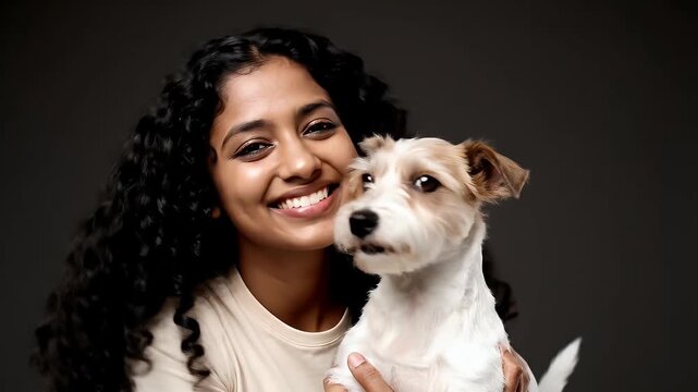 Young woman smiling and hugging her cute jack russell terrier dog on a dark studio background