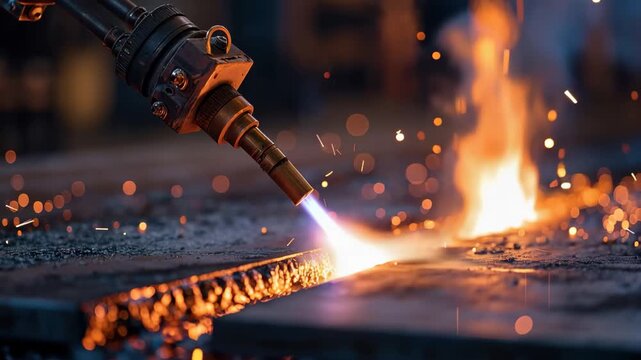 Oxy-acetylene torch cuts thick steel in a workshop at night with sparks and flames illuminating the work area