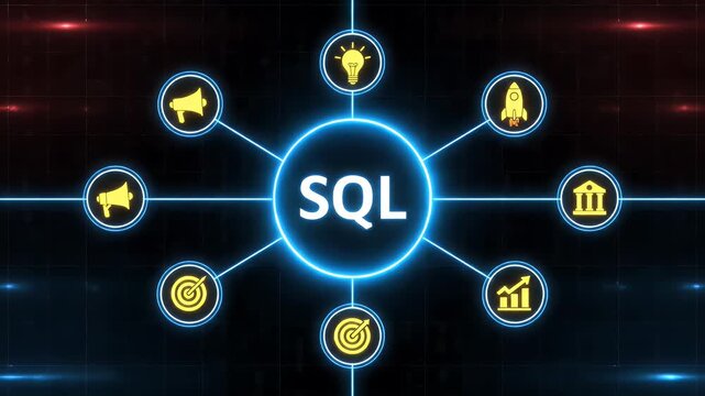 Sql database management system concept with glowing digital network icons on dark background