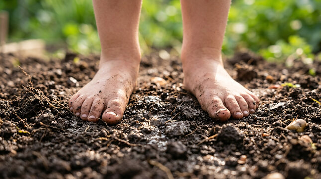 Child Bare Feet, Low angle close-up of child bare feet standing in natural muddy terrain, emphasizing grounding, earthing, and tactile sensory play in early childhood, child development