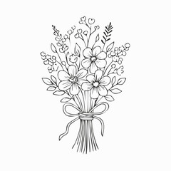 Obraz premium Hand drawn bouquet of spring flowers with ribbon bow isolated line art illustration botanical illustration decoration ornament monochrome