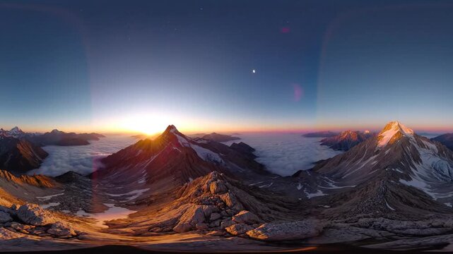 Majestic mountains with golden sunrise above clouds at dawn