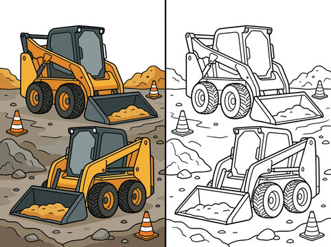 Yellow skid steer loader vehicle illustration with bucket and wheels on construction site
