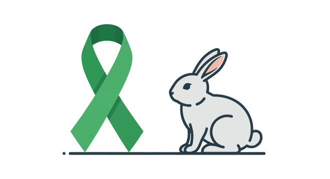 Vector illustration of a green awareness ribbon symbol next to a white rabbit on a flat line, representing cruelty-free products, animal testing, and mental health awareness.