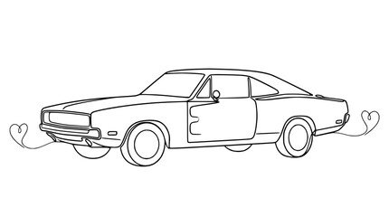 Fototapeta premium Classic American Muscle Car Outline with Heart Tail Streamers