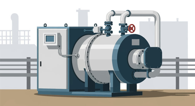 Industrial vector illustration of a large-scale boiler unit including a cylindrical pressure vessel, electronic control system, interconnected steel piping, and manual valves.