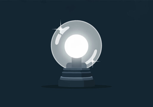Stylized vector illustration of a transparent glass crystal ball with a bright glowing core, resting on a tiered pedestal base with sparkling light reflections on a dark blue background.