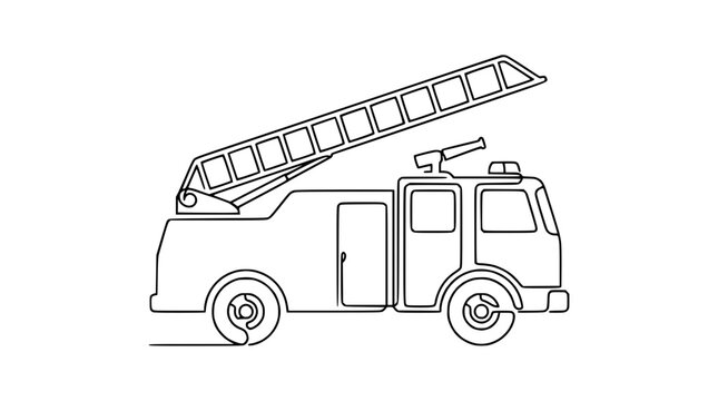 Minimalist single line drawing of a fire engine with extended ladder, emergency vehicle icon