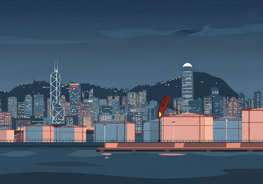 Flat vector illustration of Hong Kong Victoria Harbour skyline at night with industrial fuel storage tanks in the foreground, featuring iconic skyscrapers and Victoria Peak.