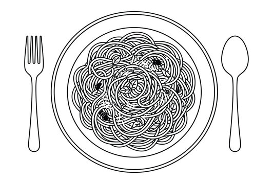 Plate of spaghetti with fork and spoon on grey background.
