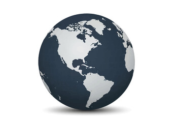 Fototapeta premium 3D stylized earth globe showing North and South America continents with white landmasses on a dark blue gridded ocean background, isolated on a white surface with a soft shadow.