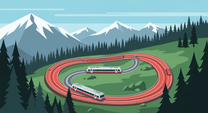 Vector illustration of a winding red track loop with two modern trains on a green mountain slope featuring evergreen pine forests and snow-capped peaks under a light blue sky.