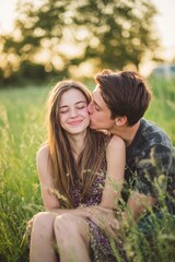 Fototapeta premium Lovely couple romantic moment. A man and woman embracing and kissing in a field of tall grass at sunset. The woman, wearing a dress, has a smile on her face. The background is slightly blurred.