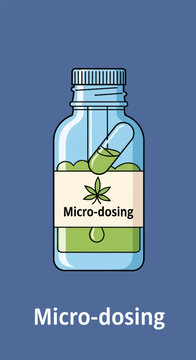 Vector illustration of a medicine dropper bottle containing green cannabis oil and a capsule, featuring a label with a marijuana leaf and micro-dosing text on a blue background.