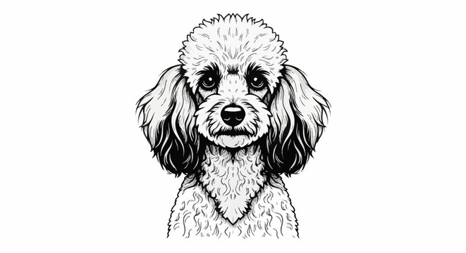 Detailed black and white line art drawing of a poodle dog head portrait with curly fur, large dark eyes, and long floppy ears, isolated on a white background for coloring or design.