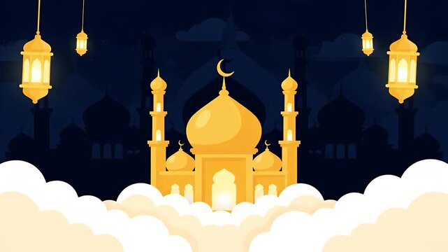 Mosque illustration with golden lanterns and clouds for ramadan kareem and eid mubarak celebration