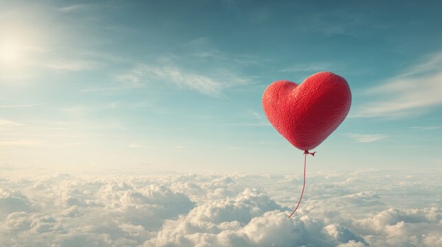 Romantic love theme for Valentines Day. A vibrant red heartshaped balloon floating above fluffy white clouds against a clear blue sky.