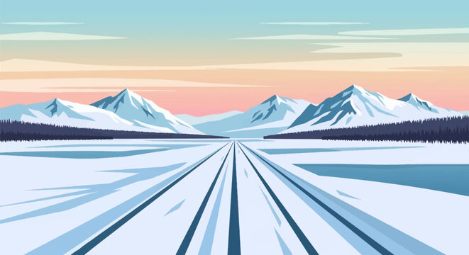 Vector illustration of a long straight winter road stretching across the frozen Alaskan Arctic tundra toward snow-capped mountains under a soft pastel sunset sky with pine trees.