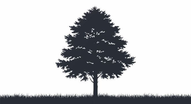 Black silhouette of a hemlock tree and a horizontal field of grass isolated on a white background, featuring a conical evergreen shape with dense needle-like foliage branches.